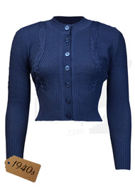 Vintage Style Cable Crop Cardigan - Royal Blue