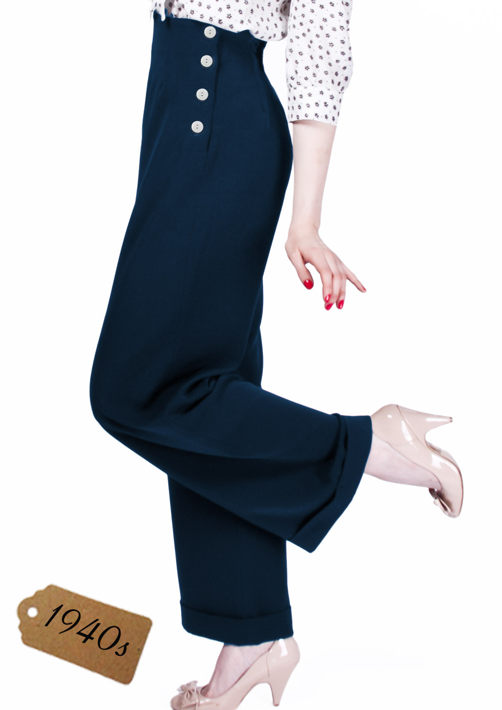 1940s High Waisted Swing Wide Leg Trousers in Navy :: House of