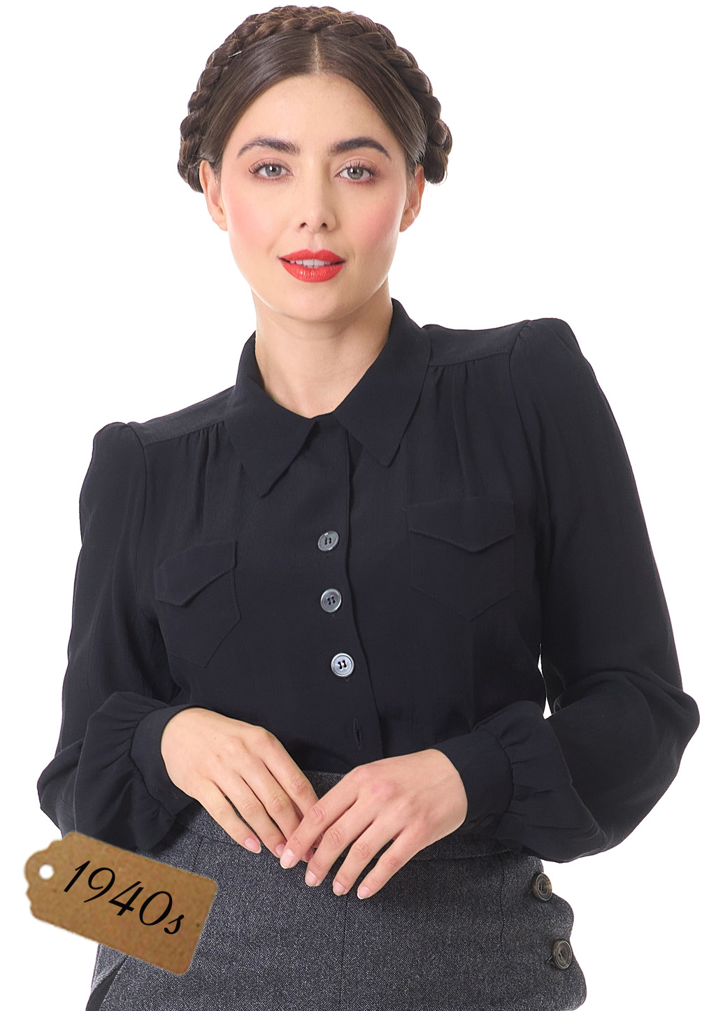 1940s Sweetheart Blouse in black crepe :: House of Foxy Wholesale